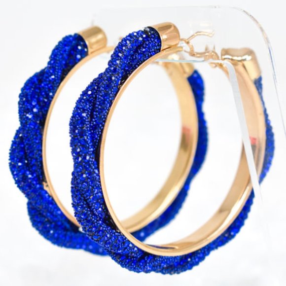 3" Braid Twist Royal Blue Rhinestone Hoop Earrings - Picture 3 of 12